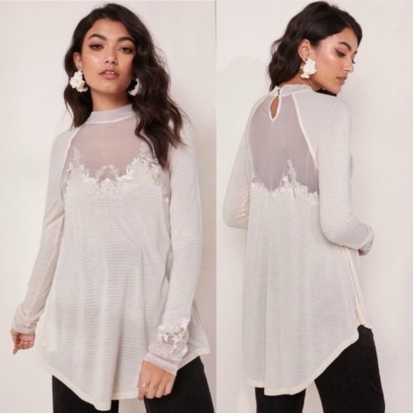 Free People Saheli Embroidered Lace Mesh Ivory Blouse - Picture 1 of 8